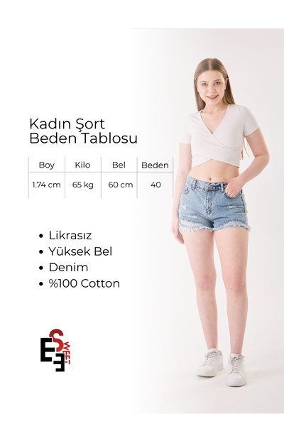 Eseclass Modern Kesim Yüksek Bel Püskül Paça Denim Şort