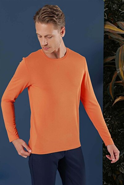 Efor Slim Fit Esnek Pamuklu Uzun Kollu Oranj Tişört Ts 870