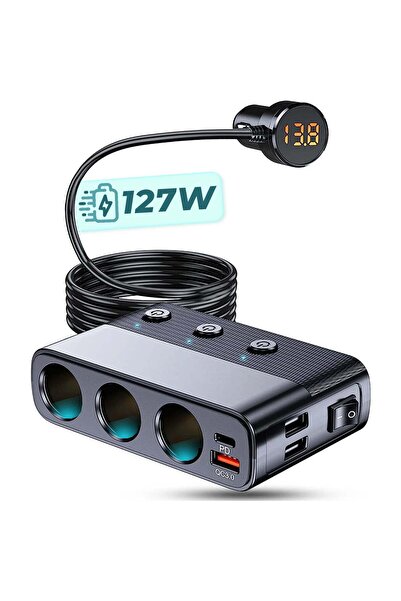 Timebox Adaptor priză 7 în 1 încărcător auto 128W multiplicator 3x 3 x USB Q ...