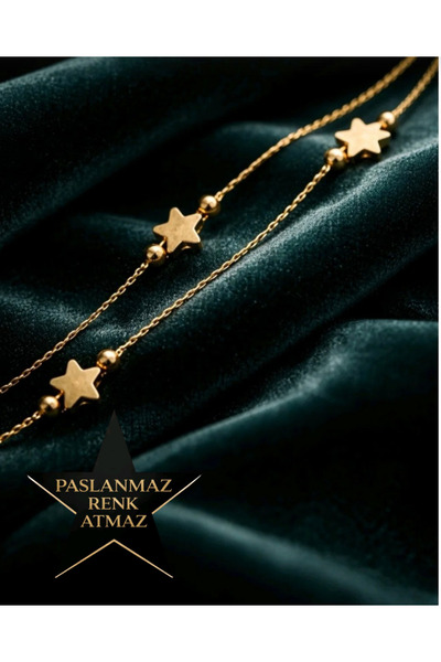 stainless steell Çelik Gold Çift Zincir 3 Yıldız Kadın Bileklik 17+5 cm uzatma