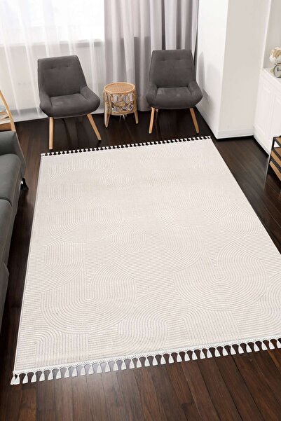 Valery Home Merinos Rölyef Joy Krem Kaymaz Taban Kesme Halı Yolluk Pon Pon