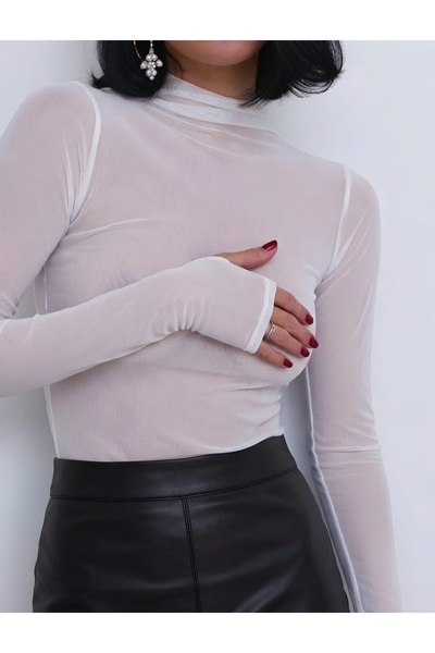 charango المرأة الياقة المدورة Bodycon إصبع متشابكة ليكرا الأبيض تول نمط بلوزة