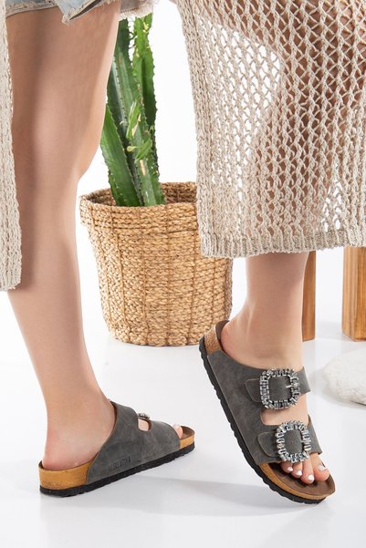 Valeriiastock New Season Stone Buckle Slippers Double Buckle Khaki Color