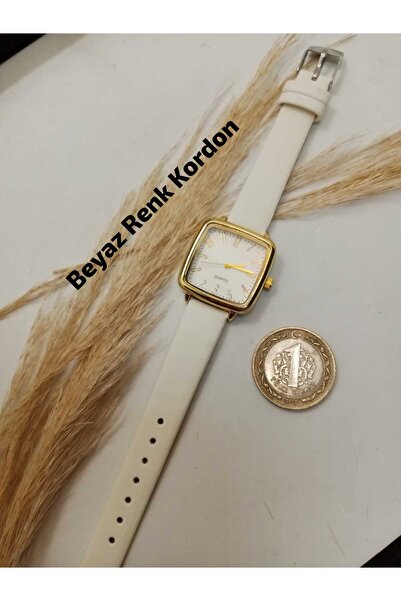 VOGUEAKSESUAR Minimal Vintage Gold Renk Kasa, Beyaz Renk Kordon, Kadın Kol Saati