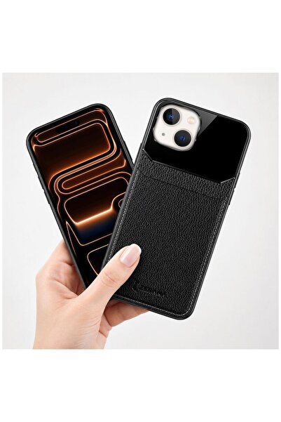 Zebana Apple iPhone 13 Uyumlu Kılıf Lens Deri Kılıf Siyah