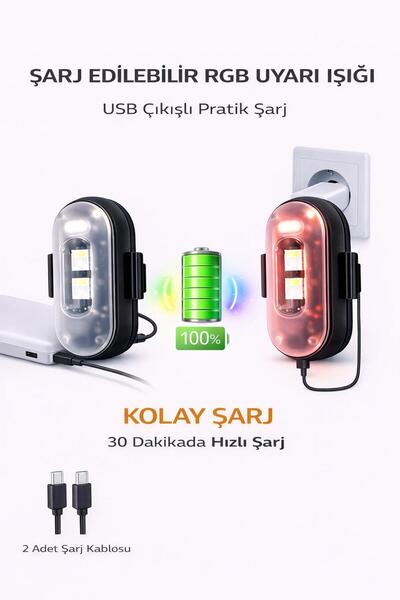 babikamium Kumandalı Şarjlı Çift RGB Led Flaşör 2’li Set Araç İçi Ambiyans Pedal Altı Uyarı Lambası