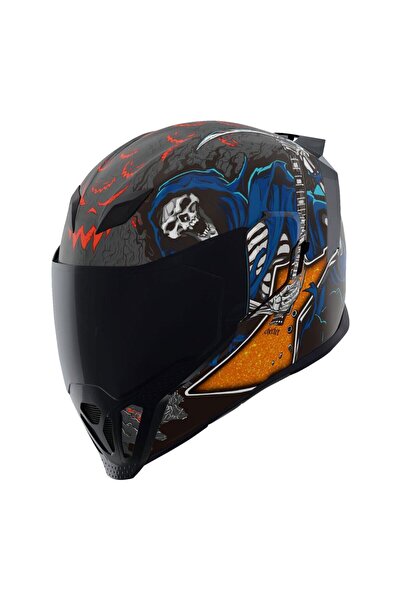 Icon Airflite Trick Or Street 4 Kapalı Motosiklet Kaskı Siyah Mavi Turuncu Kı...