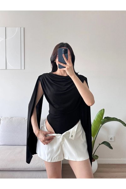 Zoom Butik Drapeli Pelerin Bodysuit - SİYAH