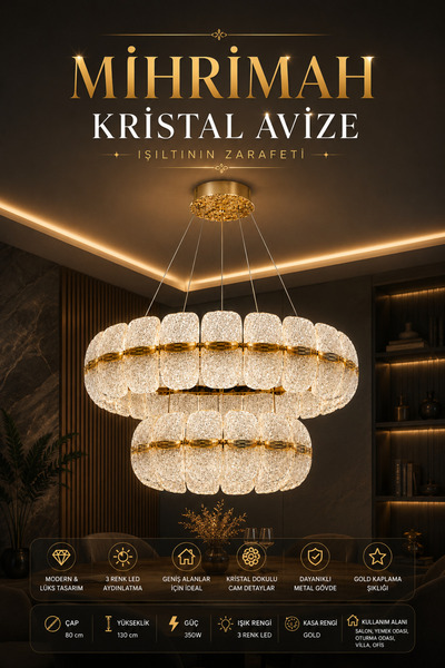 Elvora Home (PREMIUM) Gold Kristal Taşlı Modern Sarkıt Avize 3 Renk LED Salon...