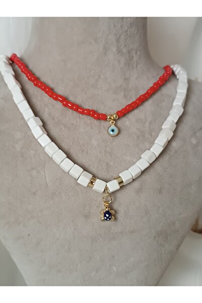 La fee aksesuar 2 li Kolye Set Kırmızı Boncuk Beyaz Fimo Boncuğu Nazar Boncuk...