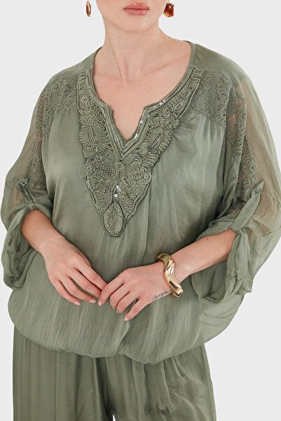 Via Dante Oversize Guipure Detailed V-Neck Blouse Bluz 6909166