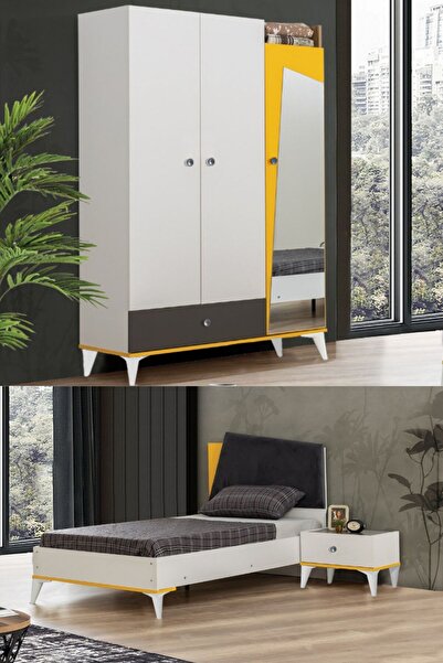 Setay Giallo Genç Odası - 3 Kapılı Dolap, Karyola, Komodin