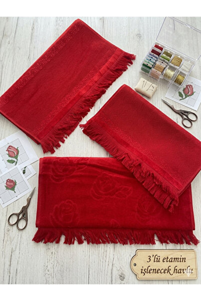 Fiesta Tekstil 50x90 Etamin İşlenecek Kırmızı 3’lü Saçaklı Havlu