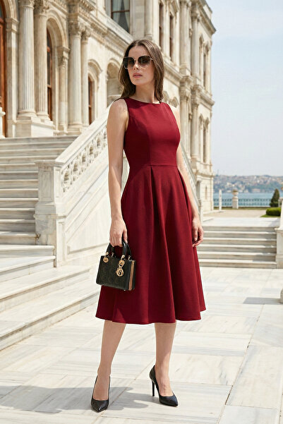 Lela Regular Fit Bisiklet Yaka Cepli Pileli Midi Boy Abiye Elbise ELBİSE 6111963