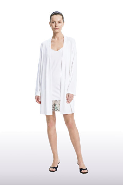 MERS SILK Modal Sabahlık + Gecelik Takım Beyaz