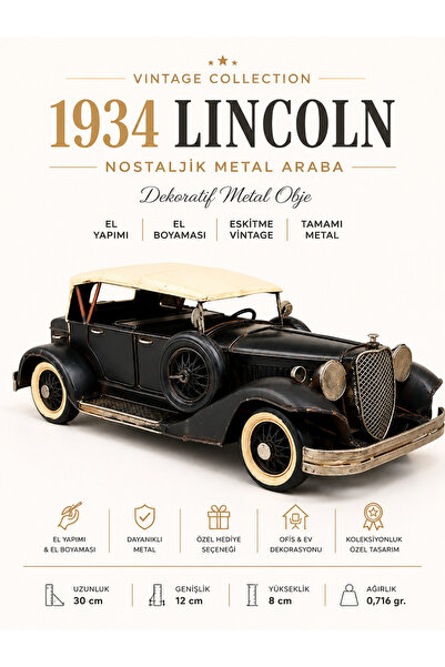 KOLAYEV Dekoratif Metal 1934 Lincoln Araba Modeli Siyah Vintage Nostaljik Ofi...
