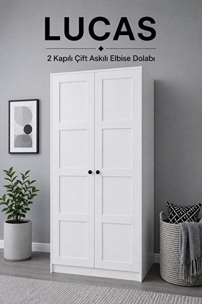 midoser Lucas 2 Kapaklı Çift Askılı Elbise Dolabı - Mat Beyaz