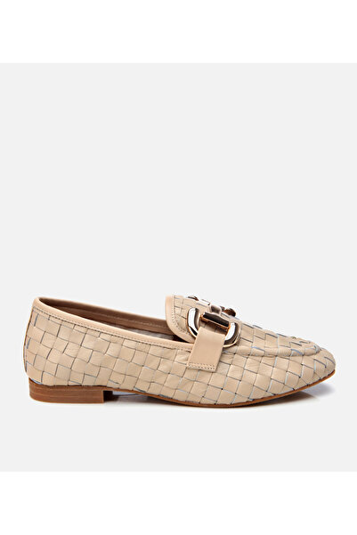 Hotiç Women's Leather Beige Knitted Detailed Buckle Classic Loafer