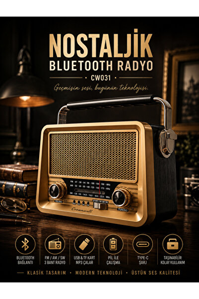 KOLAYEV Crownwell CW031 Nostaljik Bluetooth Radyo Ahşap Desenli Retro FM AM S...