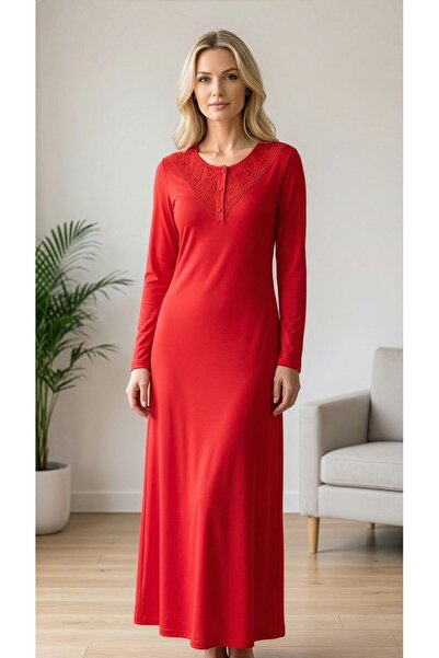 FLZ Women's Long Sleeve Nightgown with Lace Detail – Soft Viscose Fabric, Sty...