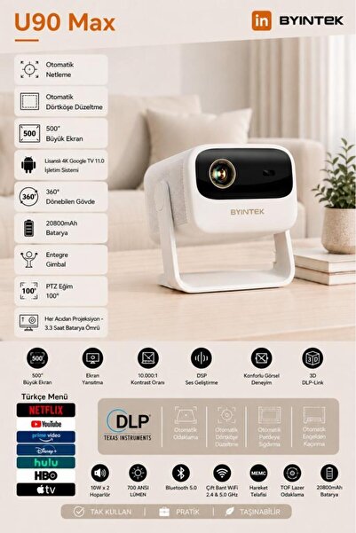 BYINTEK UFO U90 Taşınabilir Projeksiyon Cihazı 1080p, 4K Destekli, Android 11...