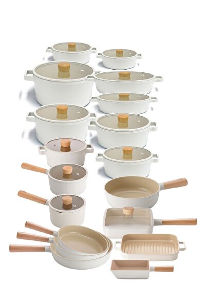 Fika Aluminum Cast Glass Lid Full Set 30 Pieces Cream Cookware & Pan Set
