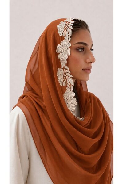 Veil Designer طرحة بوال برتقالي محروق طبيقتين بتطريز يدوي علي اطرف الطرحه الث...