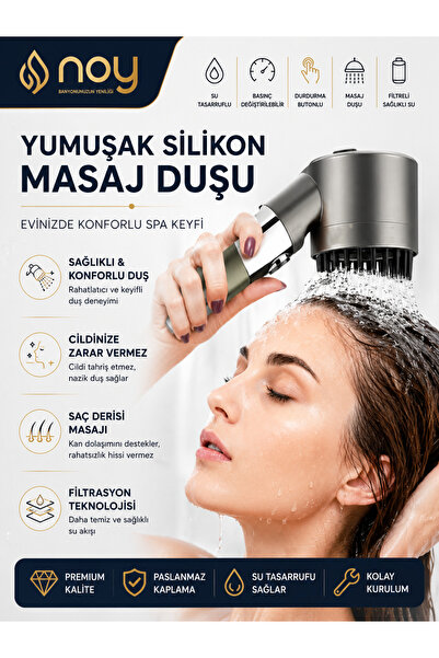 NOY Filtreli Duş Başlığı Yedek Filtre Hediyeli (3 Adet) Klor Ve Kireç Önleyici, Yüksek Basınçlı