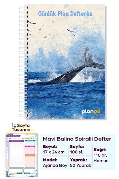 Plango Mavi Balina Spiralli Günlük Planlama Defteri - 100 Sayfa - 17x24 Planl...