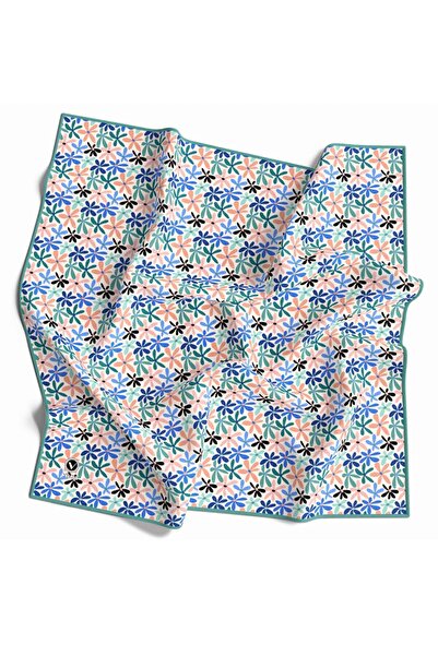 VİOLLA Kristal Çiçek Desenli Buz Mavisi Renkli 90x90 Eşarp (İpek İçermez) Dik...