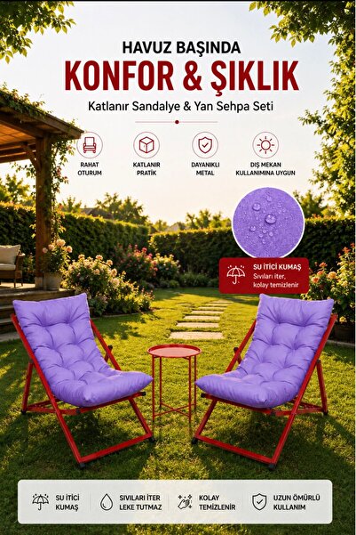 HASTUNÇ Özel Seri Minderli Katlanır Şezlong Seti 2’li + Sehpa | Bahçe Balkon ...