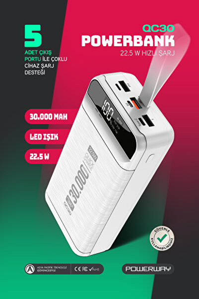 POWERWAY 30.000 mAh PD 22.5 W Hızlı Şarj Gerçek 30.000 mAh Garantili Led Fene...