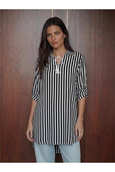 WeShaya Black Viscose Textured Lace-Up Collar Striped Long Sleeve Straight Cu...