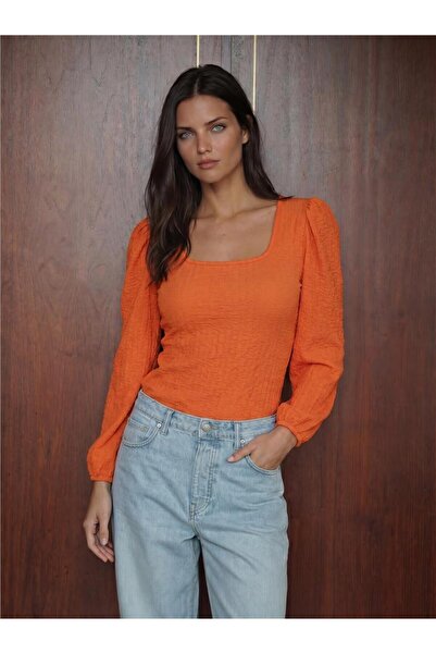 WeShaya Orange Stretchy Textured Long Sleeve Square Neck Polyester Lycra Blou...