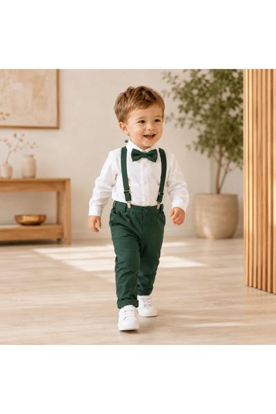 Kidohug Costum elegant baieti, Camasa alba, Pantaloni lungi cu bretale detasa...