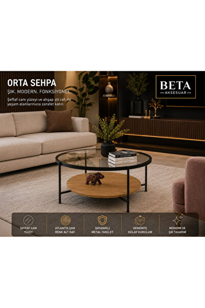 BETA AKSESUAR Arya Orta Sehpa - Şeffaf Cam / Antik Çam Mdf