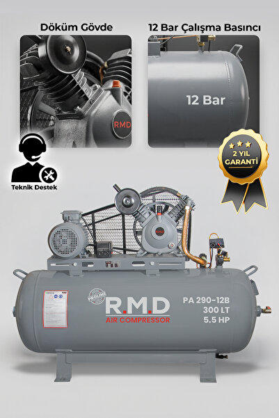 R.M.D Kompresör Pistonlu Hava Kompresörü 300 lt 2 Kafa 12 Bar 5.5 Hp I PA290I12B