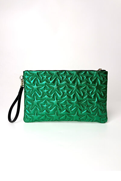 Ecrou Star Patterned Green Shiny Portfolio & Clutch Bag with Removable Wrist ...