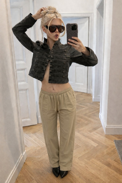 DAMGA JEANS Pantaloni de damă, la modă, cu talie joasă, largi, din in bej