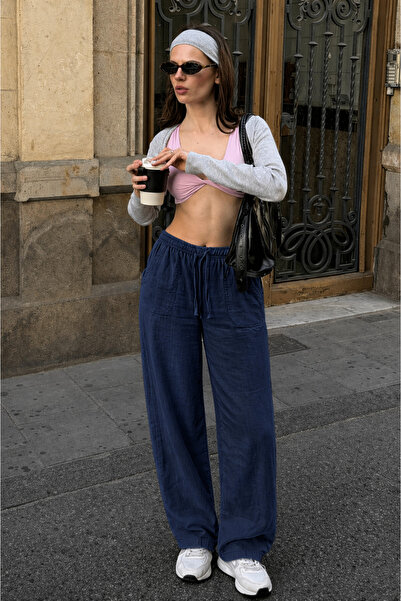 DAMGA JEANS Pantaloni de damă cu talie joasă, premium, largi, din in, bleumarin