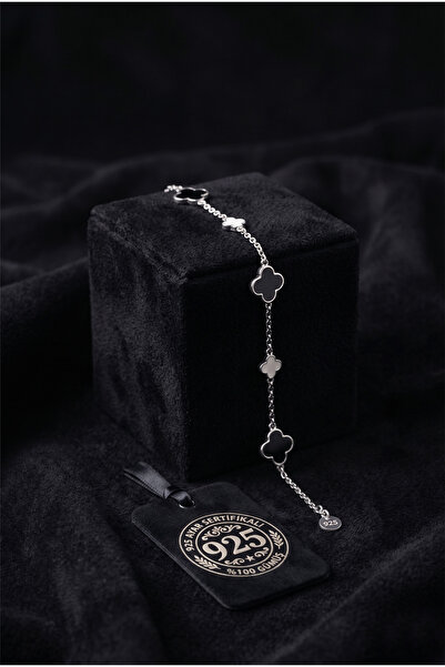 Roza Silver 925 Ayar Rodyum Siyah-Beyaz Mineli Yonca Charm Gümüş Bileklik