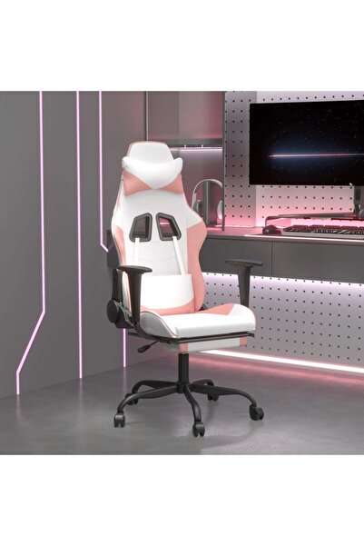 Concept Scaun de gaming pivotant cu suport picioare alb&roz piele