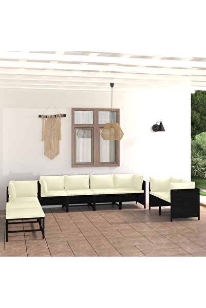 Concept Set mobilier de grădină cu perne, 10 piese, negru, poliratan