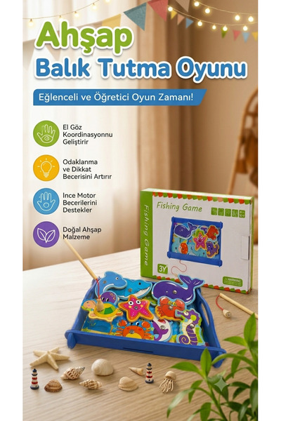 Bloomin Ahşap Balık Tutma Oyunu Manyetik Eğitici Oyuncak – Bebekler - Çocukla...