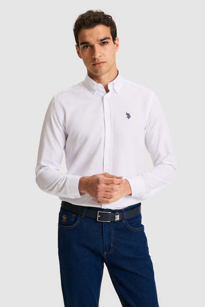 U.S. Polo Assn. Cămașă de bază albă cu mânecă lungă pentru bărbați 50324708-V...