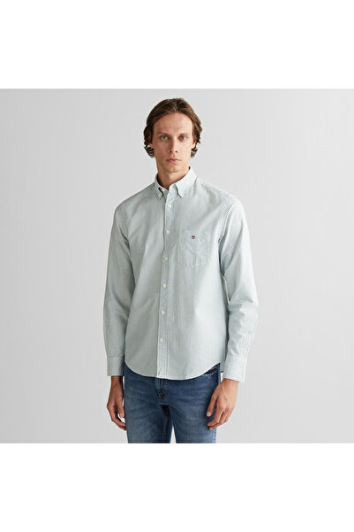 Gant Erkek Yeşil Regular Fit Düğmeli Yaka Çizgili Oxford Gömlek