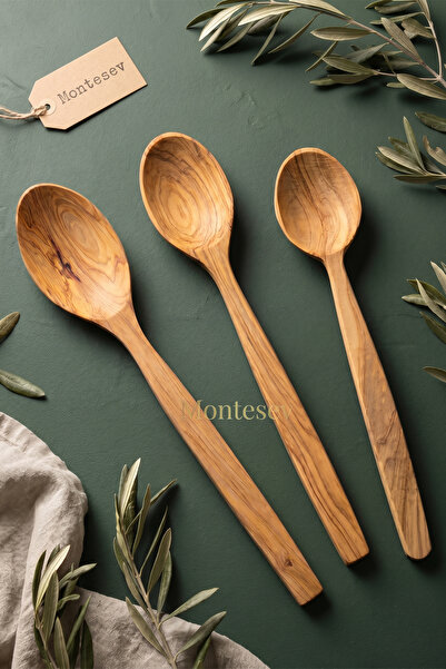 MONTESEV Zeytin Ağacı Ahşap Tahta Kaşık Spatula Seti ( Zeytin Ağacı ) Ağaç Kaşık