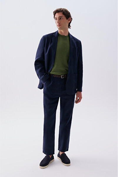 Mudo Men's Navy Blue Straight Fit Linen Trousers