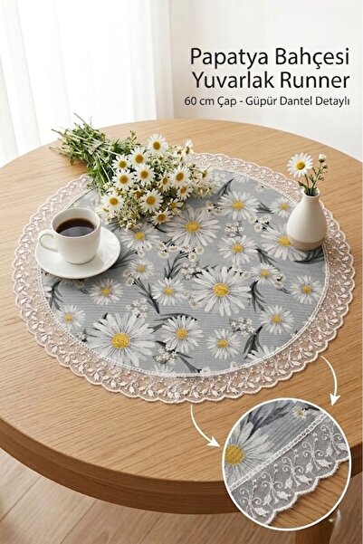 Rona Home Yuvarlak Runner 60 cm Masa Örtüsü Dekoratif Papatyalı Ranır Çok Ama...