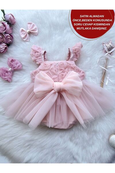aysskids Bella Gül Detaylı Bayramlık Özel Gün Kız Çocuk Bebek Romper